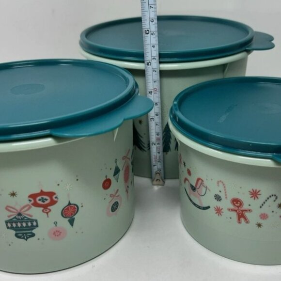 Tupperware 3Pc Christmas Print Canisters Light Green Trees Ornaments Gingerbread - Picture 10 of 16